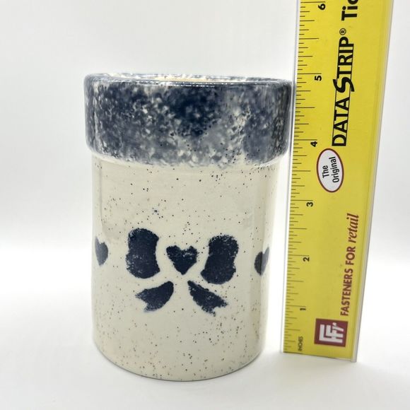 Glazed 5” Crock Small Pot Stoneware Pottery Speckled with Blue Hearts Unmarked - Picture 3 of 13